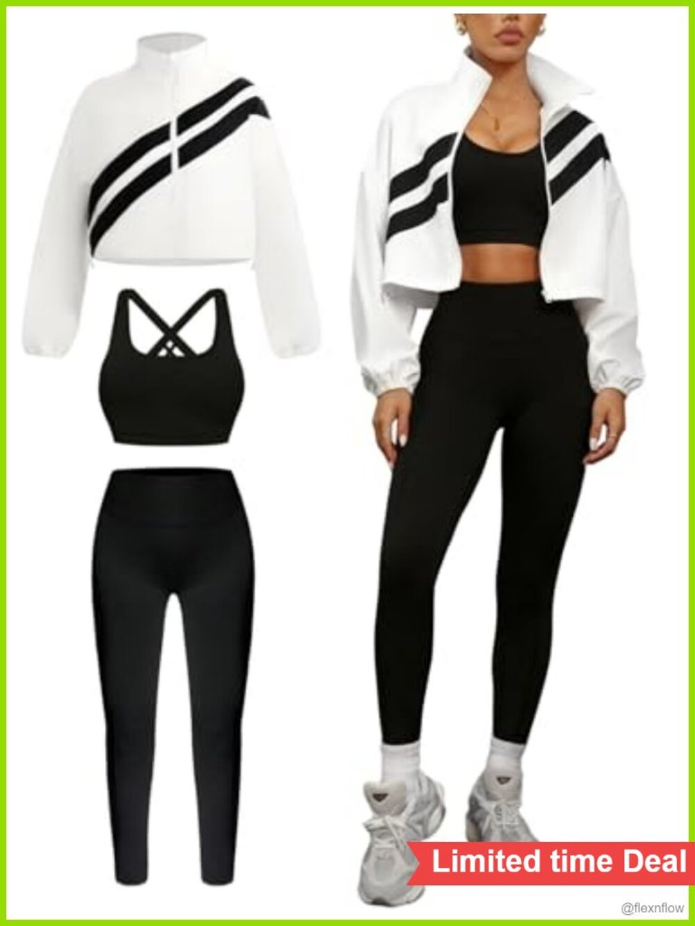 3 Piece Athletic Tracksuit Set - Long Sleeve Zipper Jacket Sports Bra High